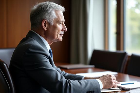 A business leader in deep thought at a mahogany table