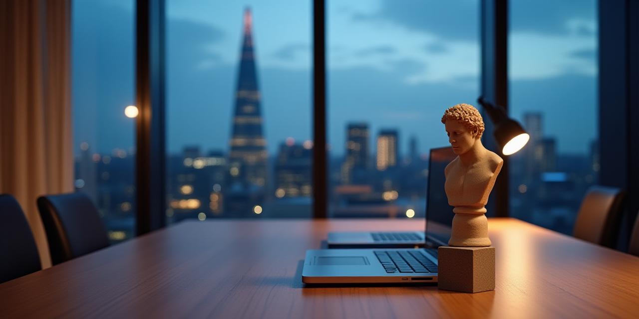 A serene professional office setting overlooking a city skyline with a stone bust of a stoic philosopher on a desk