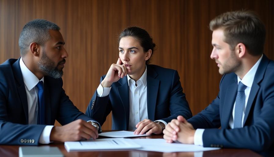 Executive team in a thoughtful discussion around a large oak table, minimal and high-end aesthetic